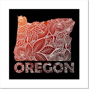 Colorful mandala art map of Oregon with text in brown and orange Posters and Art